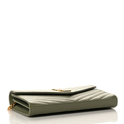 Saint Laurent Grain De Poudre Matelasse Chevron Monogram Chain Wallet Vert Kaki 4 of 8