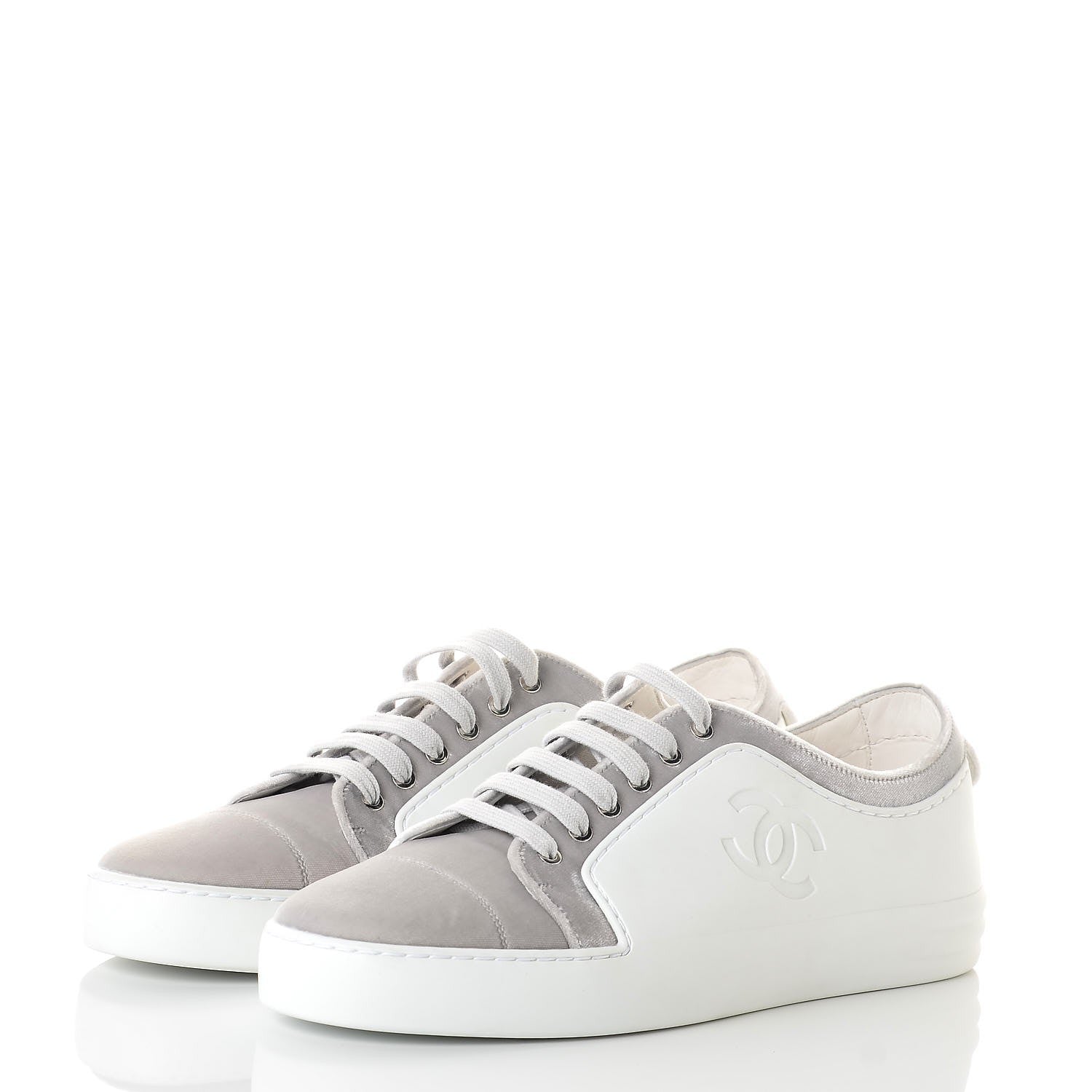 Chanel Calfskin Velvet Womens CC Sneakers 41.5 White Silver 3 of 9