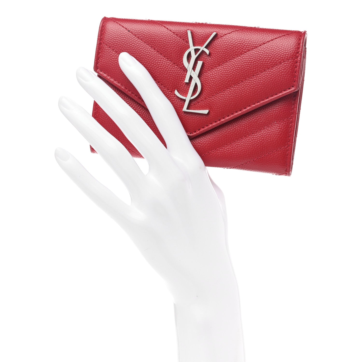 Saint Laurent Grain De Poudre Matelasse Chevron Small Monogram Envelope Wallet New Red 3 of 18