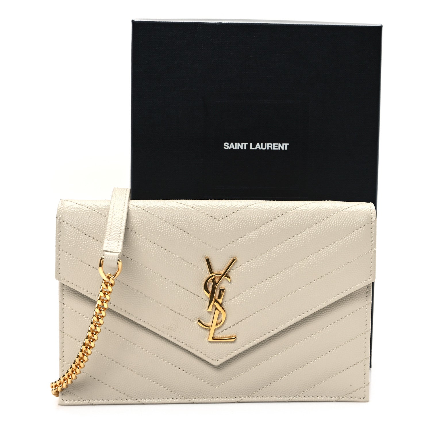 Saint Laurent Grain De Poudre Matelasse Chevron Monogram Envelope Chain Wallet Crema Soft 12 of 12