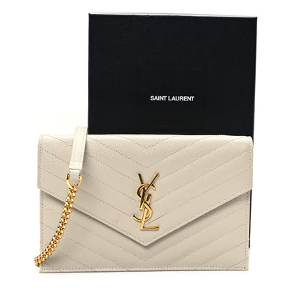 Saint Laurent Grain De Poudre Matelasse Chevron Monogram Envelope Chain Wallet Crema Soft 12 of 12