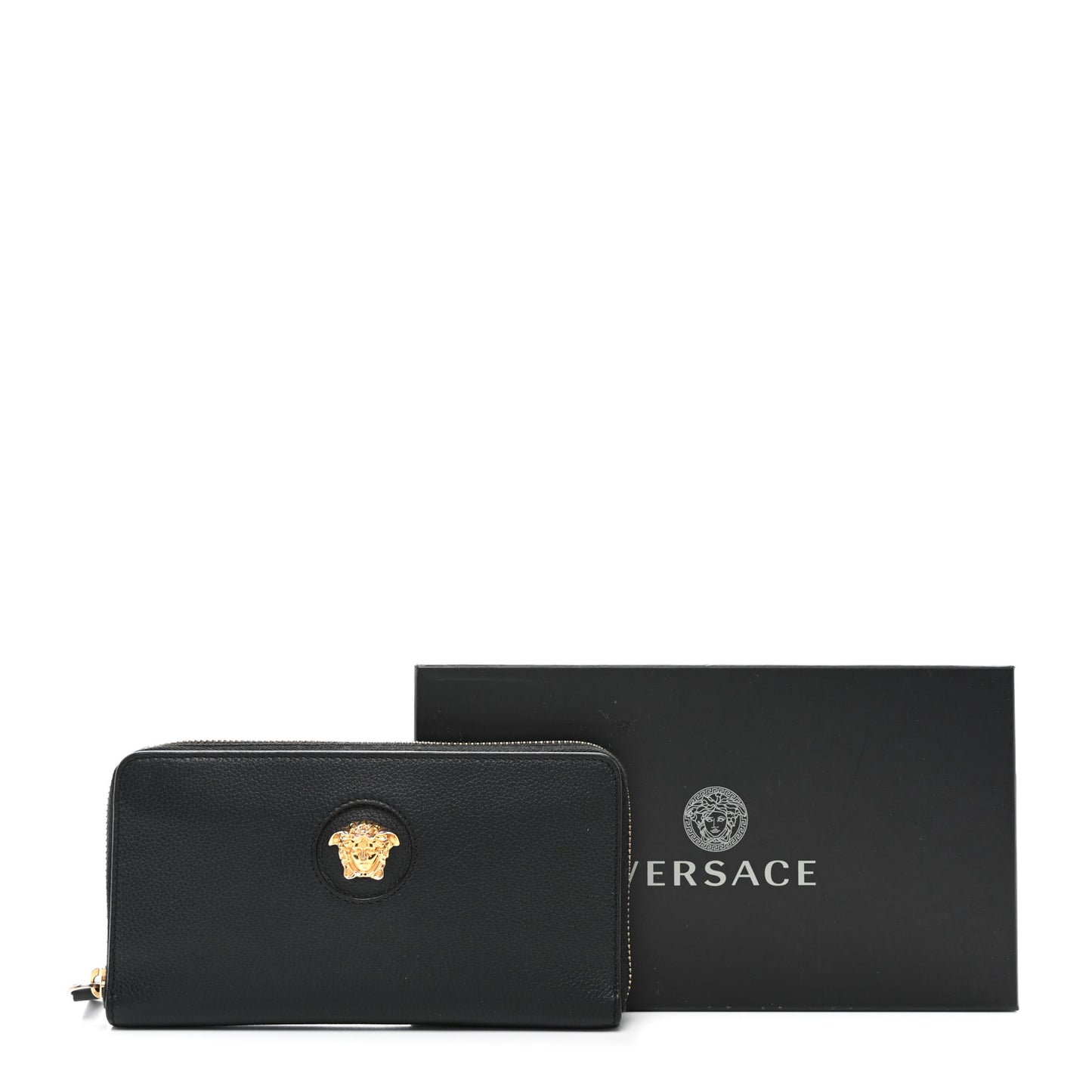 Calfskin Medusa Zip Wallet Black