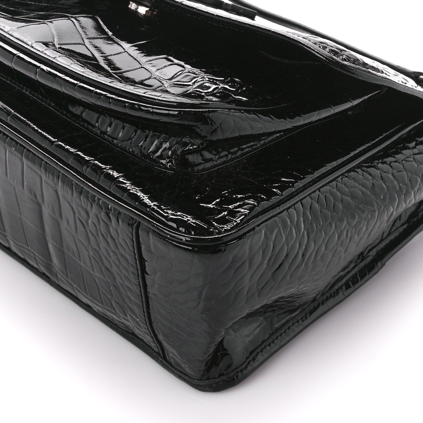 Patent Crocodile Embossed Lambskin Monogram Medium Niki Chain Satchel Black