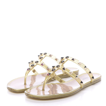 Valentino Garavani PVC Jelly Glitter Rockstud Caged Flat Thong Sandals 36 Oro 3 of 8