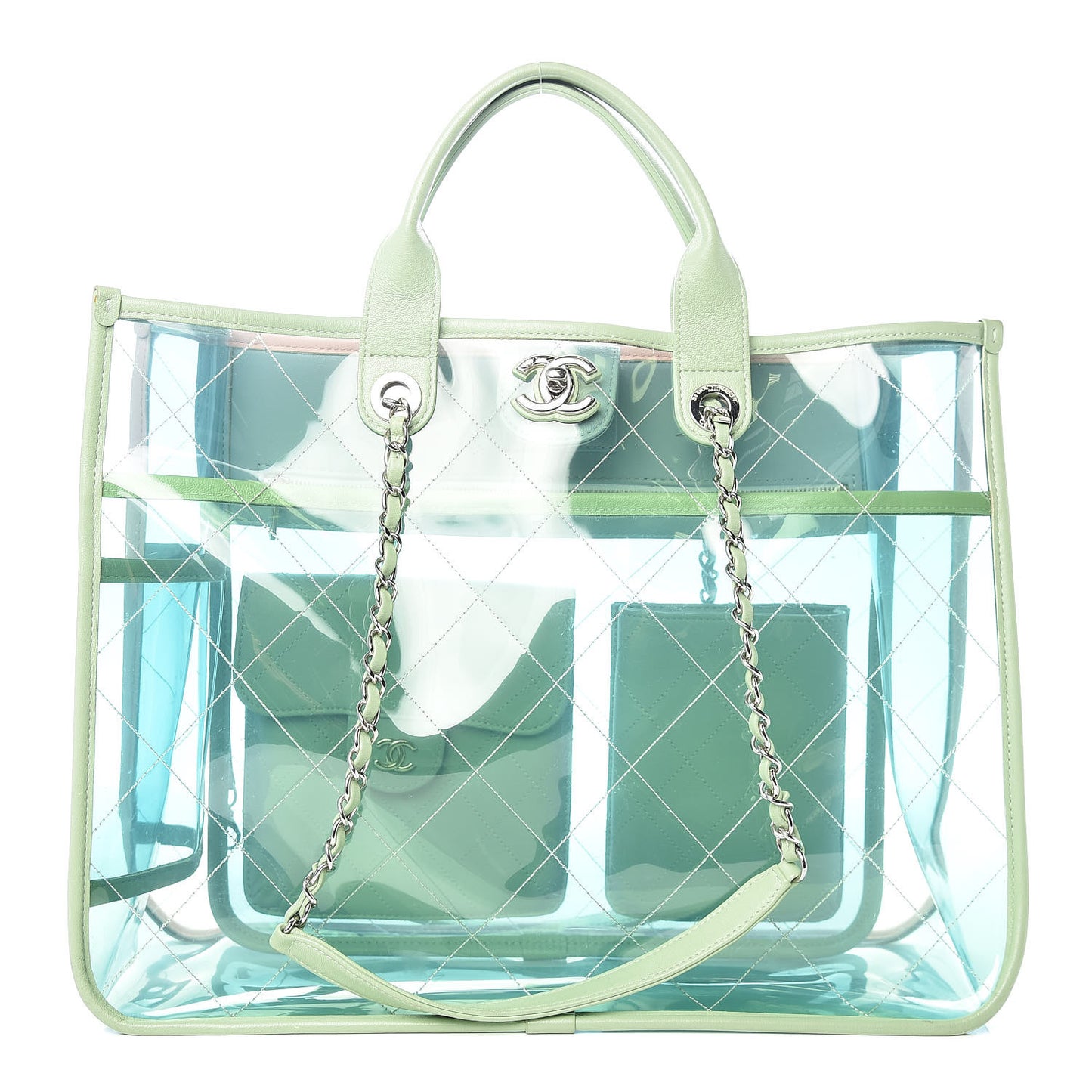 PVC Lambskin Stitched Medium Coco Splash Shopping Bag Blue Green