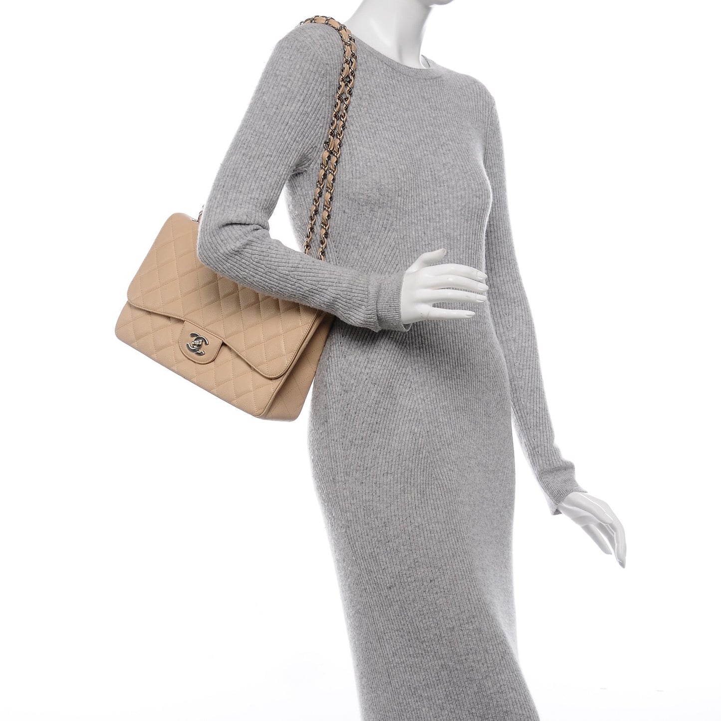 Caviar Quilted Jumbo Single Flap Beige Clair