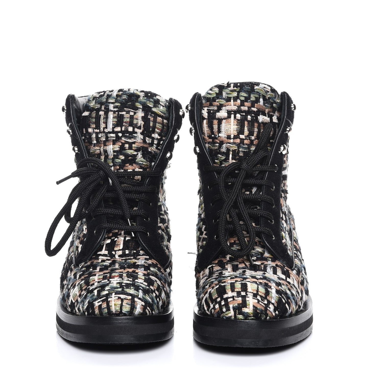 Tweed Lace Up Short Boots 38.5 Green Brown Black