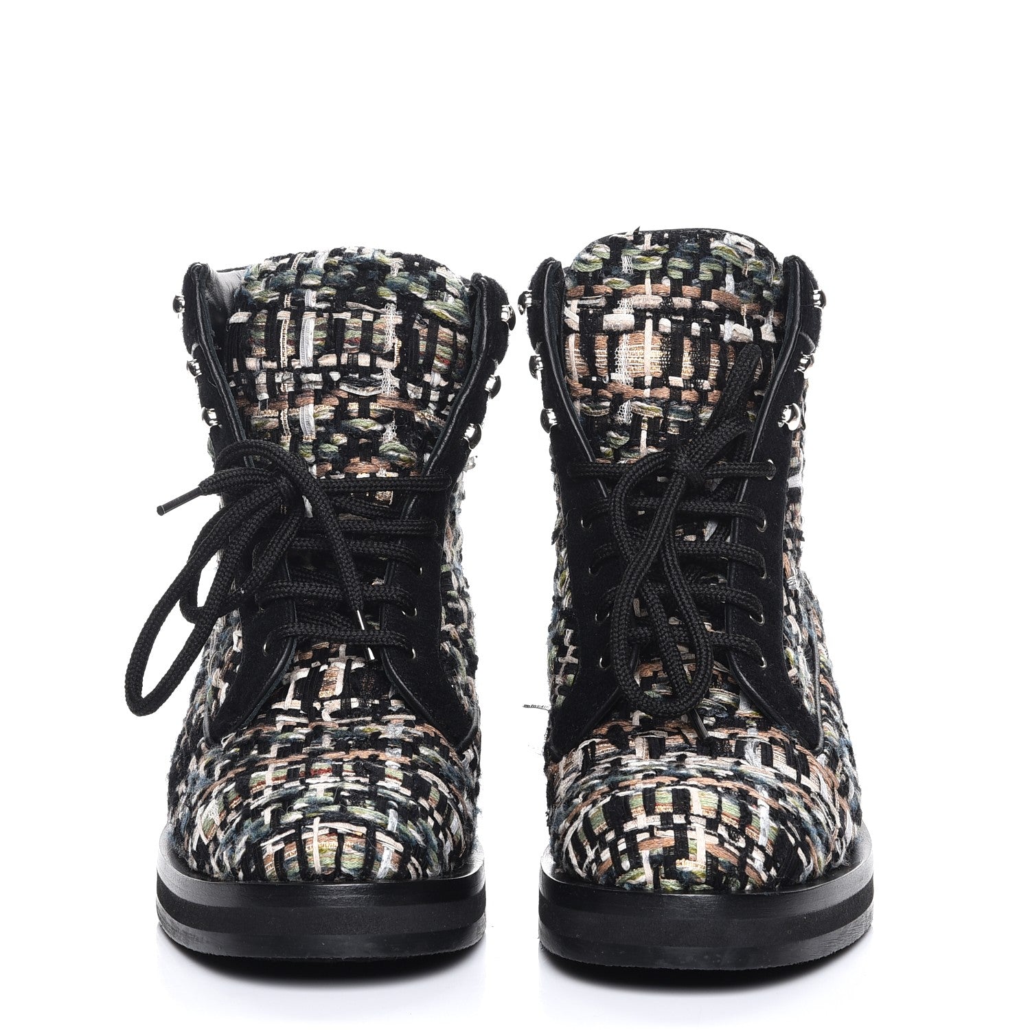 Chanel Tweed Lace Up Short Boots 38.5 Green Brown Black 2 of 10