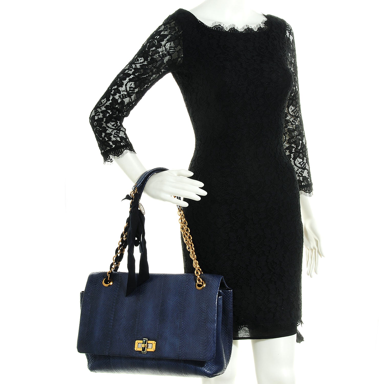 Lanvin Snakeskin Large Happy Shoulder Bag Bleu Nuit 2 of 9