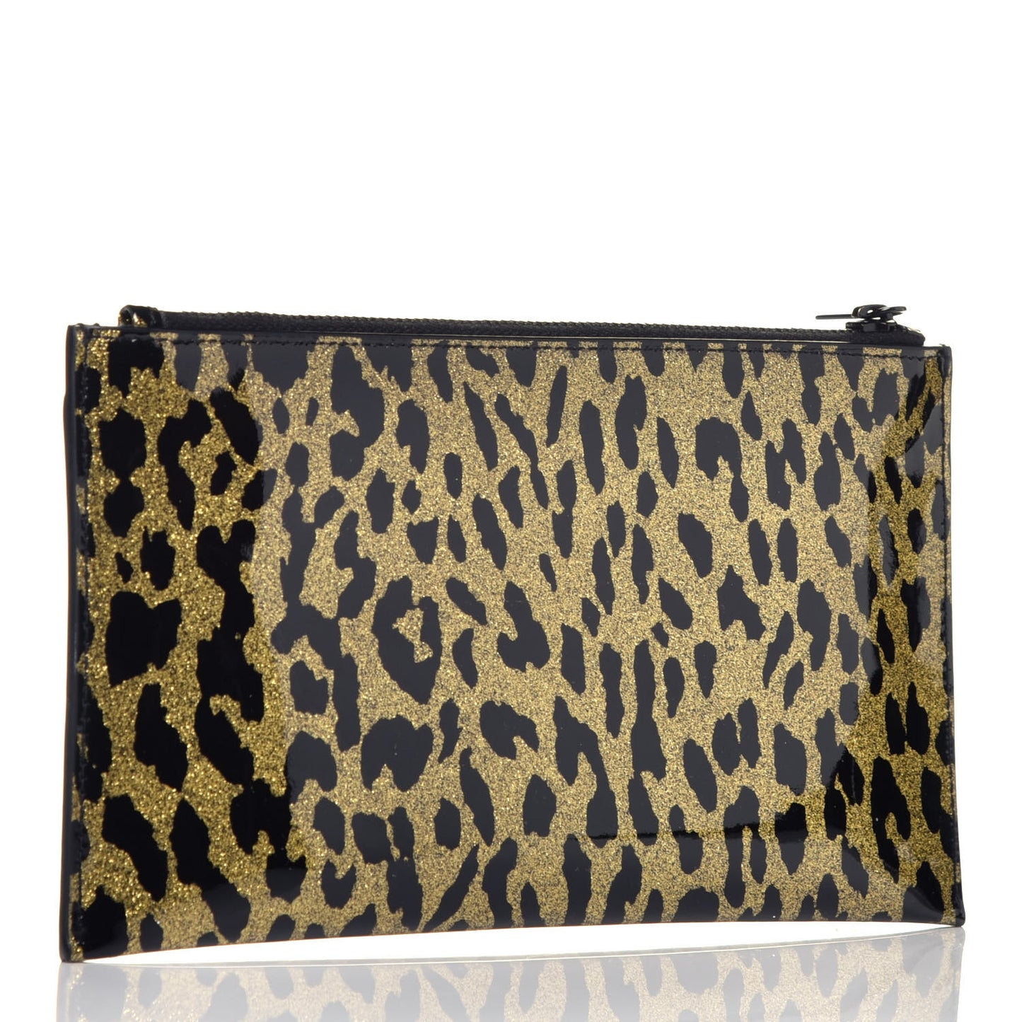 Patent Glitter Leopard Monogram Zip Pouch Gold Black