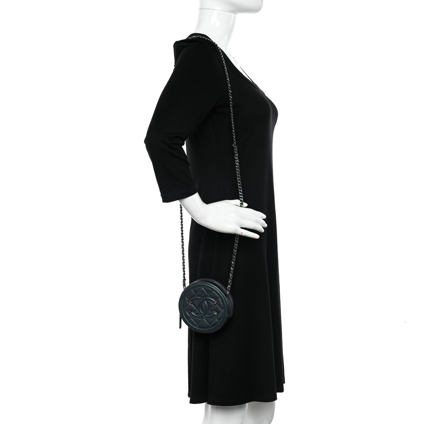 Iridescent Caviar Quilted Round Filigree Crossbody Dark Turquoise
