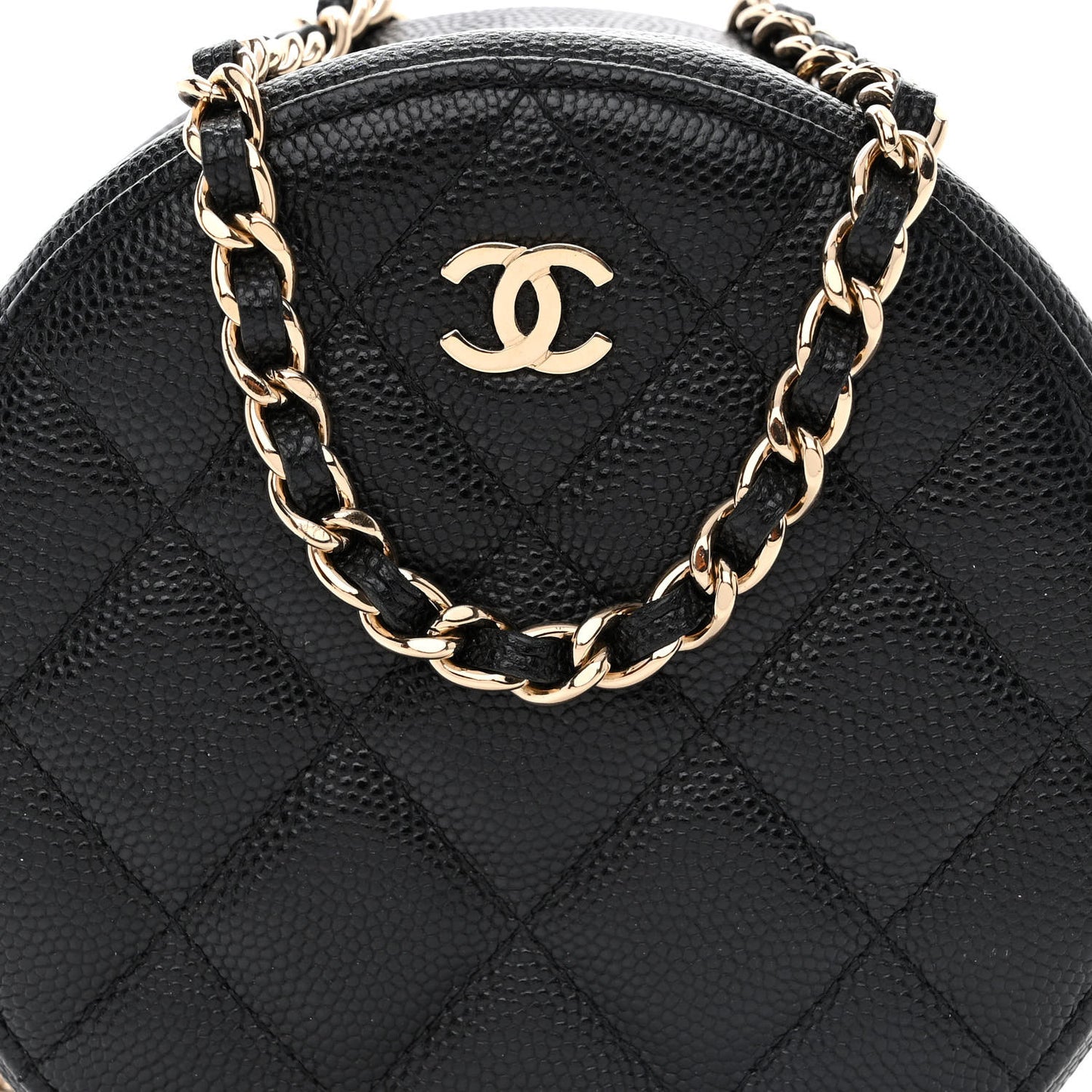 Caviar Quilted Round Clutch With Chain Black