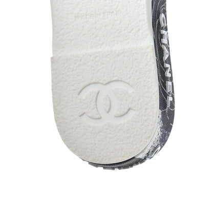 Chanel Fabric Grosgrain Printed CC Espadrille Slip On Sandals 36 White Black 7 of 14