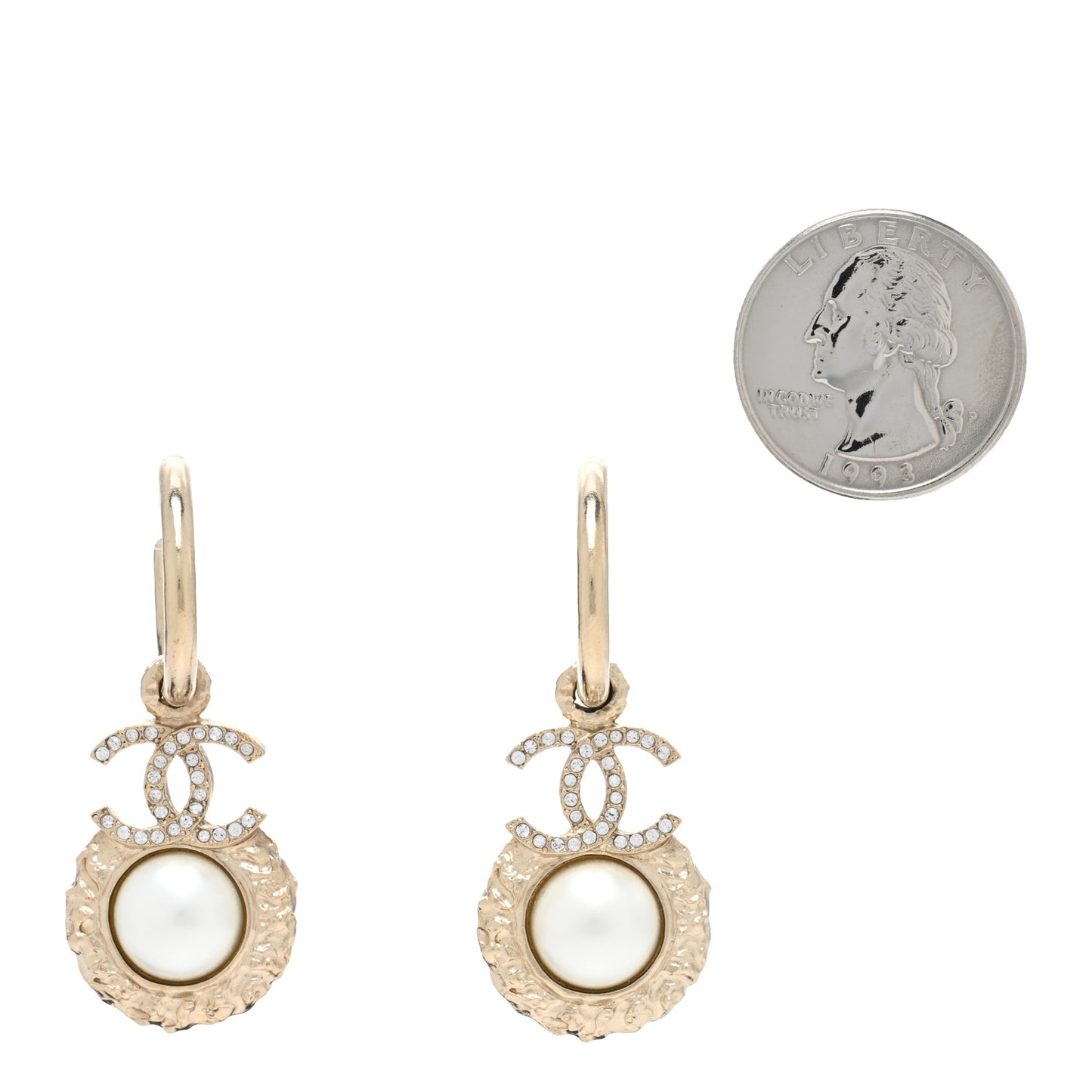 Metal Crystal Pearl Textured CC Hoop Drop Earrings Gold White