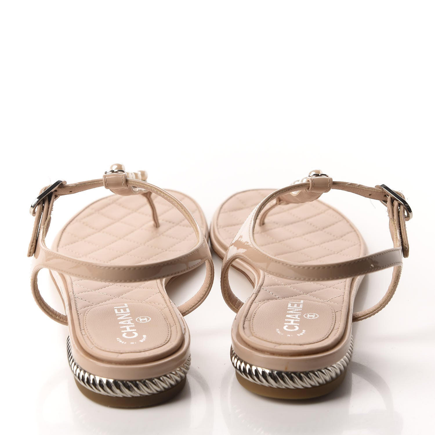 Chanel Patent Pearl CC Thong Sandals 36.5 Beige 5 of 12