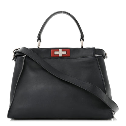 Fendi Vitello Seta Shiny Nappa Medium Peekaboo Iconic Satchel Blue Notte Ardesia 1 of 10