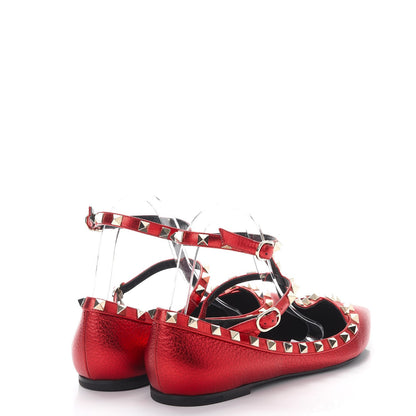 Valentino Garavani Metallic Pebbled Calfskin Rockstud Cage Ballerina Flats 40 Rosso Valentino 4 of 9