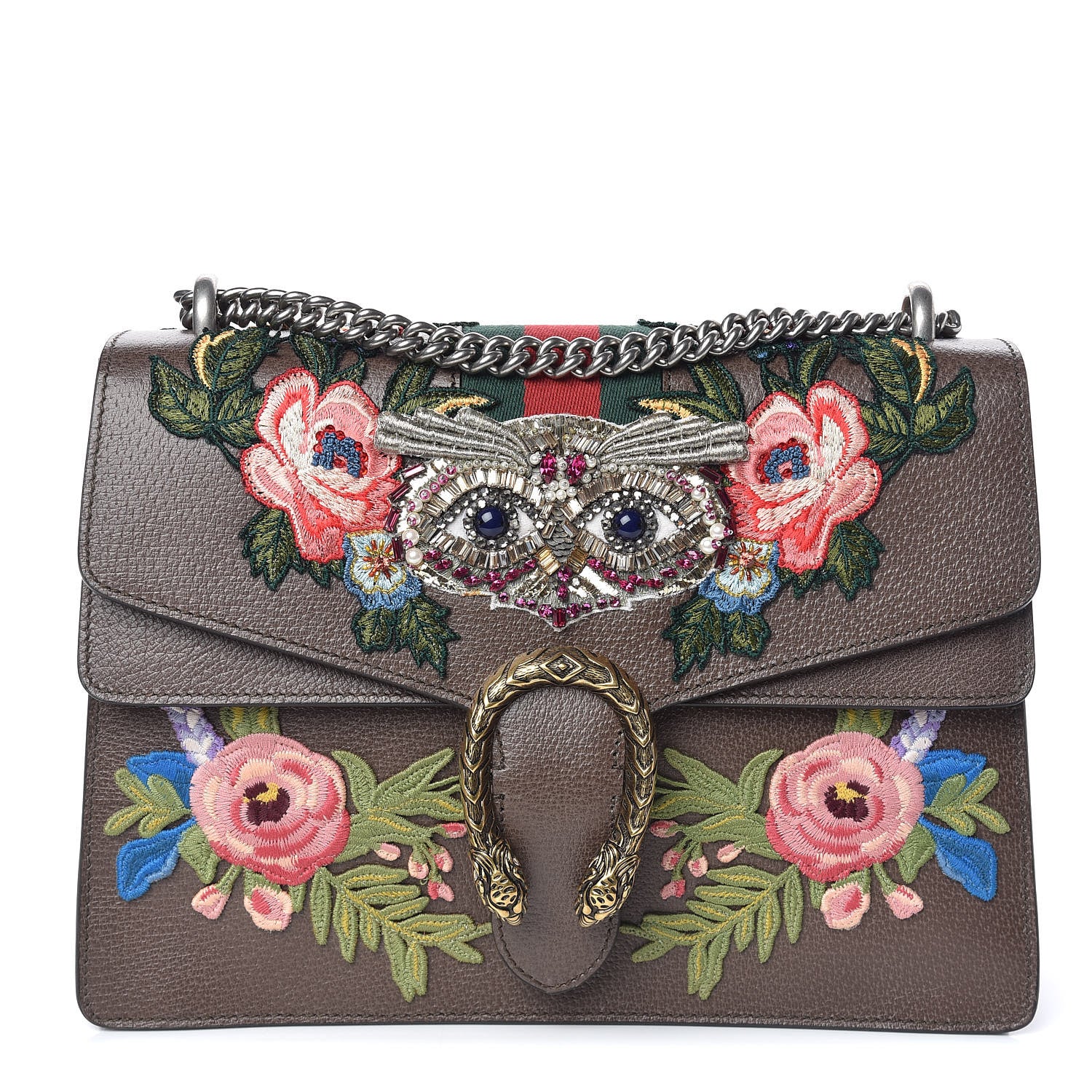 Gucci Calfskin Web Owl Embroidered Medium Dionysus Shoulder Bag New Acero Multicolor 1 of 9