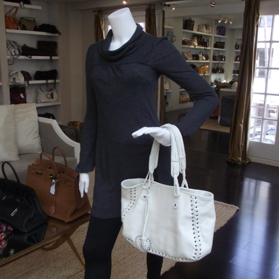 Leather Stitched Shopping Tote White