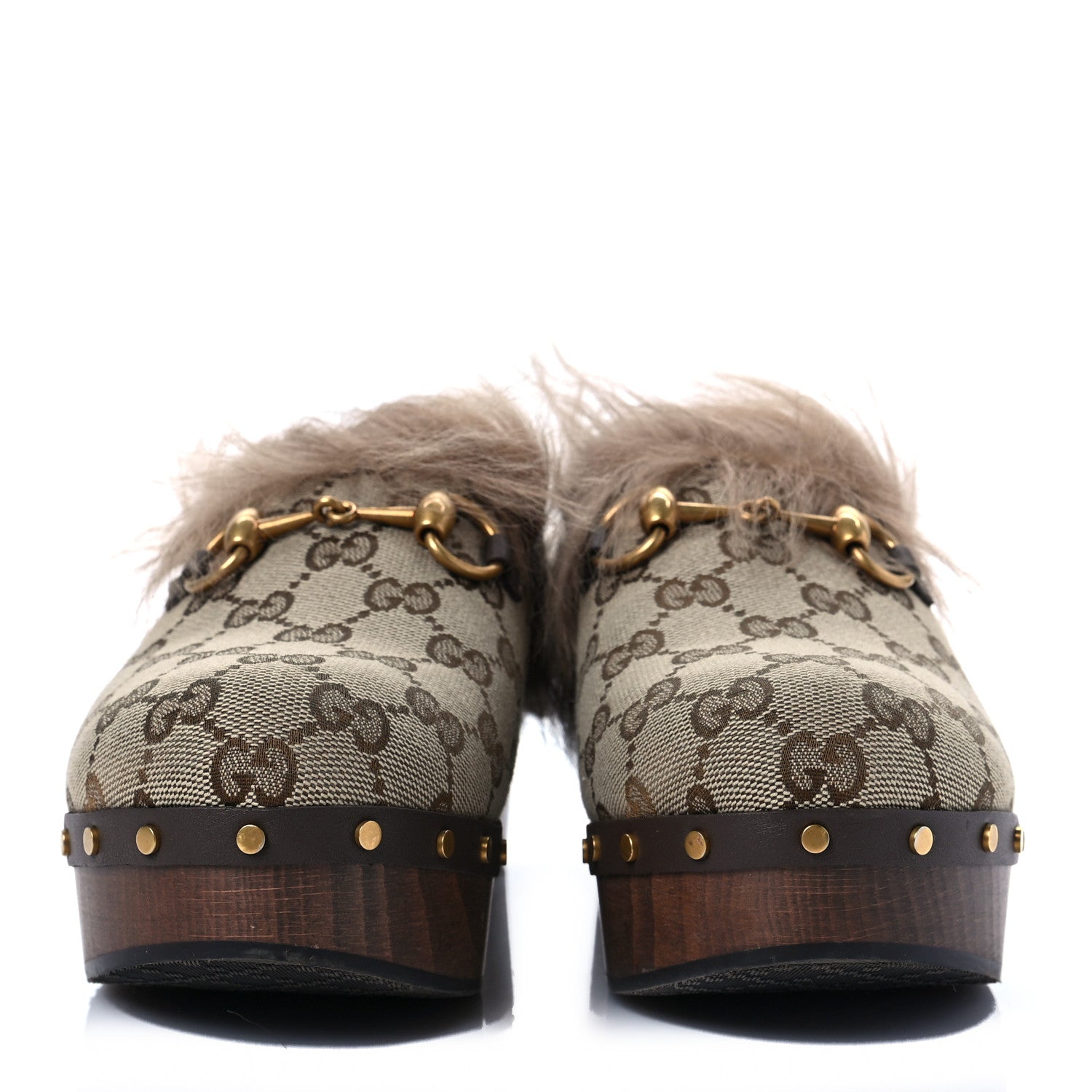 Gucci Monogram Calfskin Fur Horsebit Amstel Slingback Clogs 37.5 Beige Ebony New Acero Naturale 2 of 6