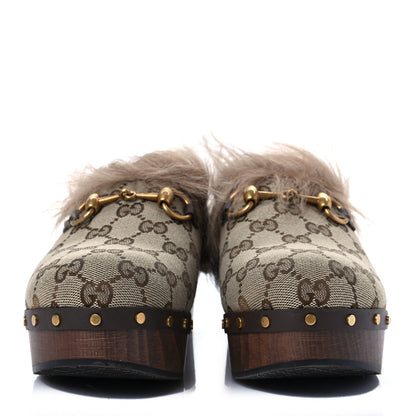 Gucci Monogram Calfskin Fur Horsebit Amstel Slingback Clogs 37.5 Beige Ebony New Acero Naturale 2 of 6