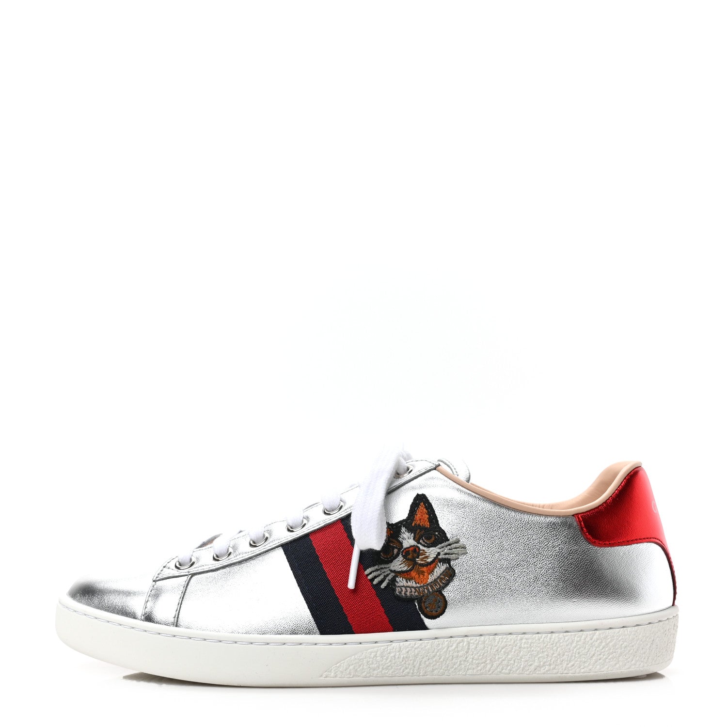 Gucci Metallic Nappa Silk Ayers Web Embroidered Womens Ace Sneakers 39 Silver 1 of 10