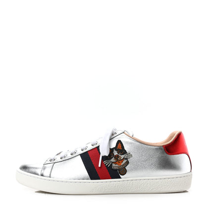 Gucci Metallic Nappa Silk Ayers Web Embroidered Womens Ace Sneakers 39 Silver 1 of 10