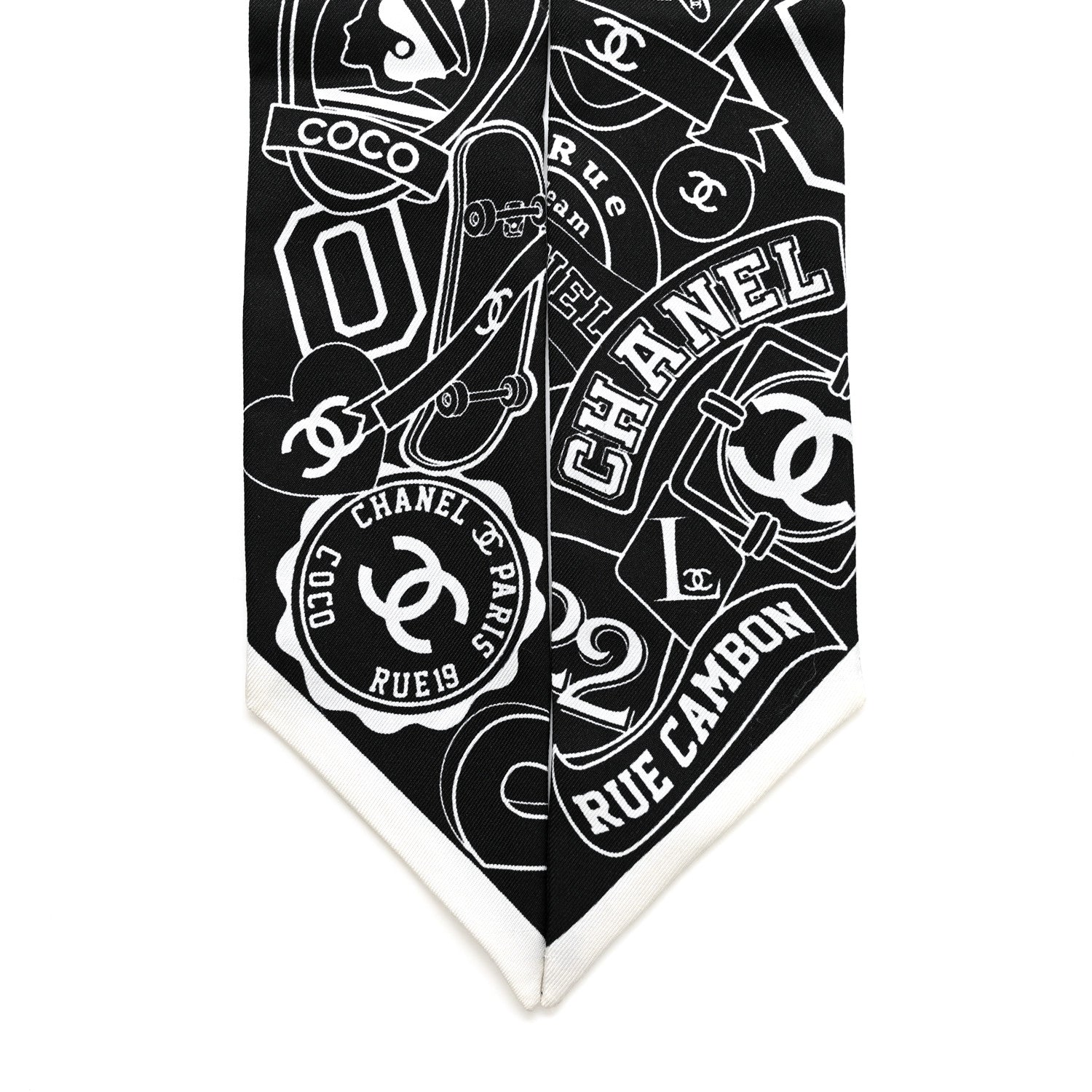 Chanel Silk Varsity Logo Slim Bandeau Scarf Black White 2 of 4