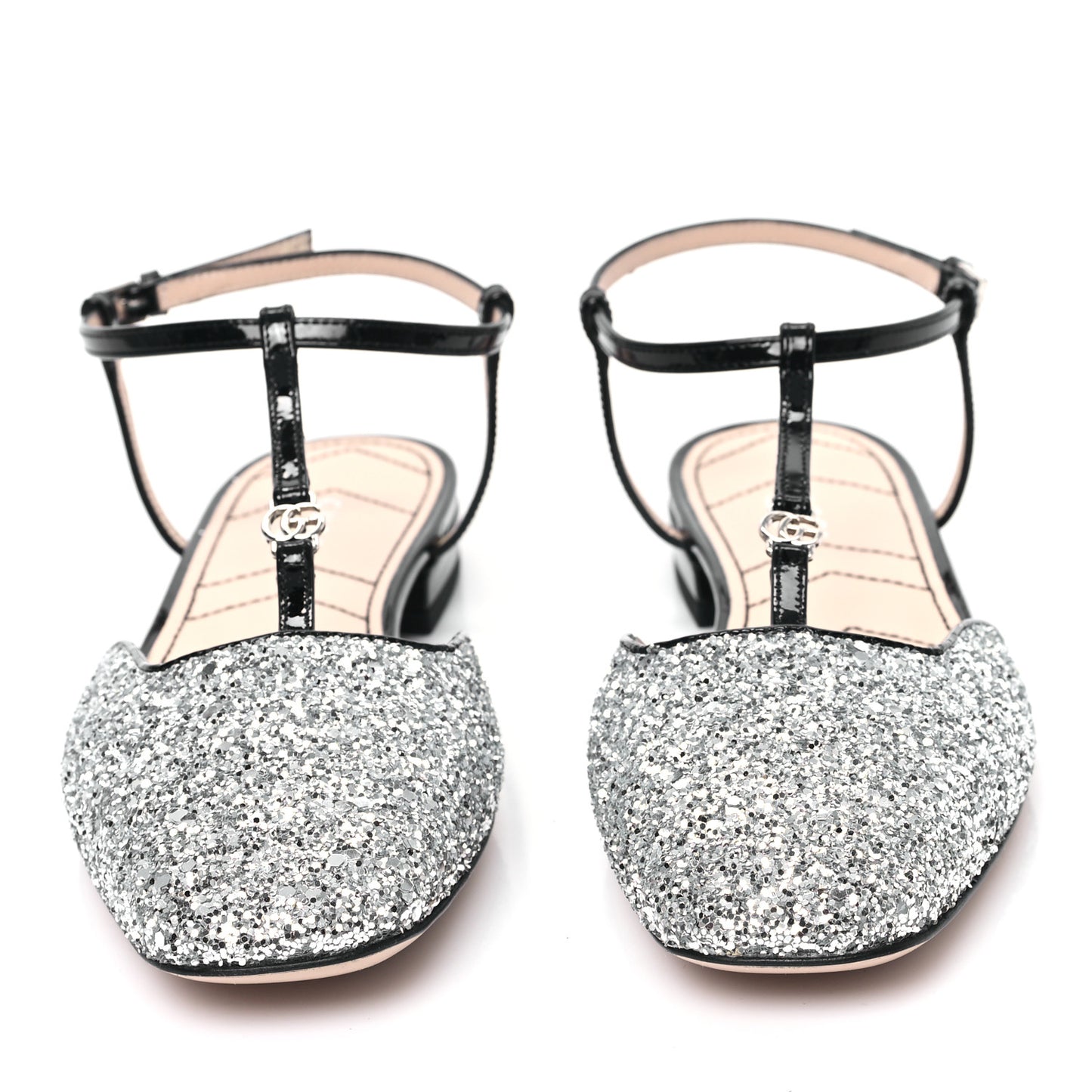 Calfskin Glitter Double G Slingback Flats 36.5 Silver Black