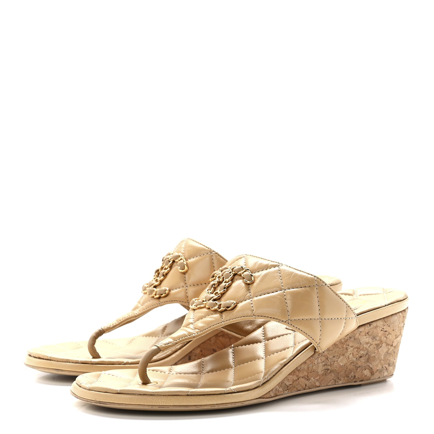 Shiny Goatskin Cork CC Wedge Sandals 36 Beige