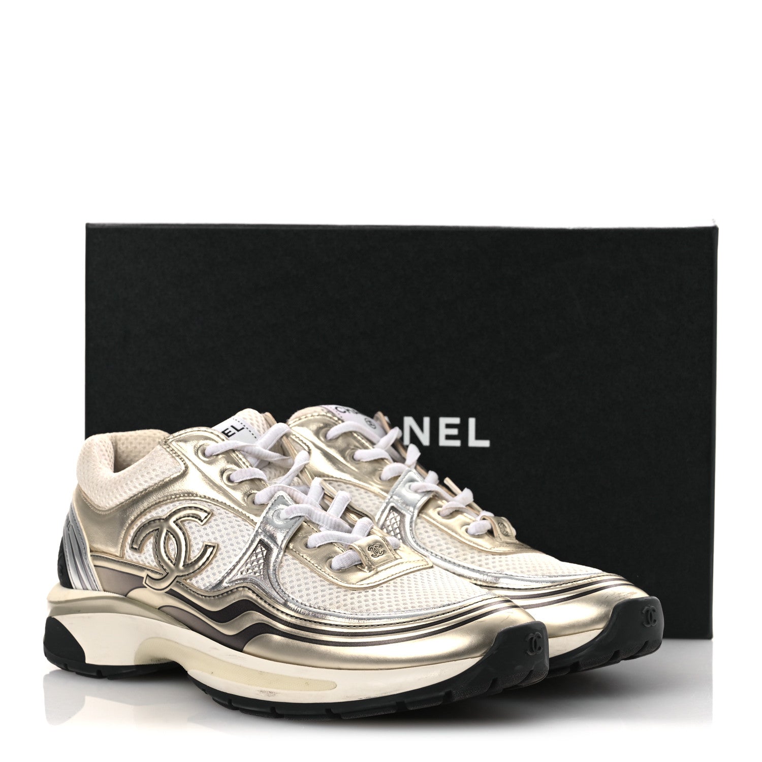 Chanel Fabric Laminated Calfskin Stretch CC Womens Sneakers 40 White Gold Silver 13 of 13