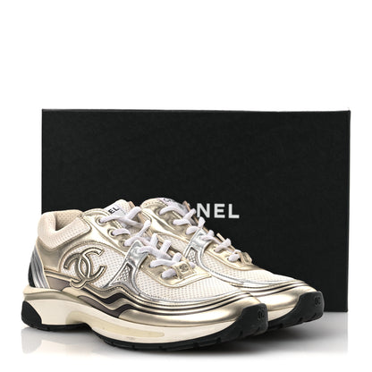 Chanel Fabric Laminated Calfskin Stretch CC Womens Sneakers 40 White Gold Silver 13 of 13