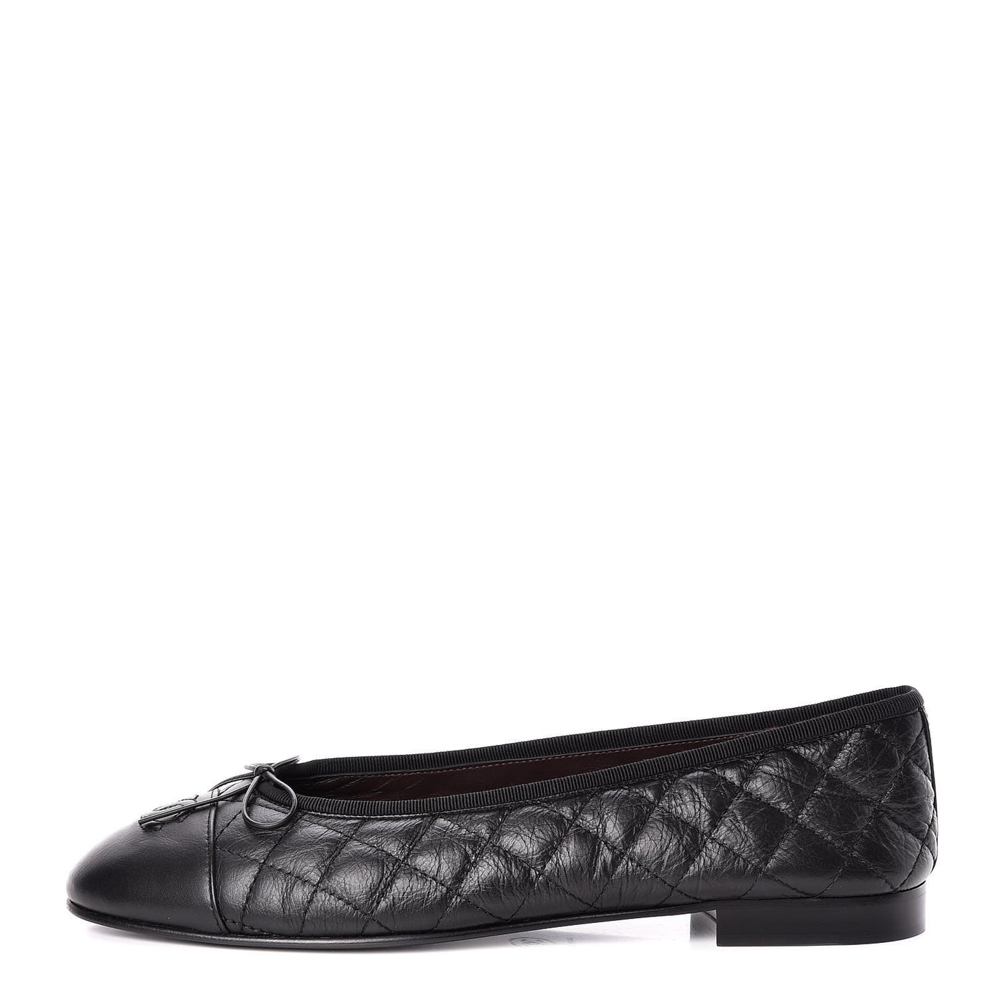 Aged Calfskin Quilted Cap Toe Ballerina Flats 42 Black