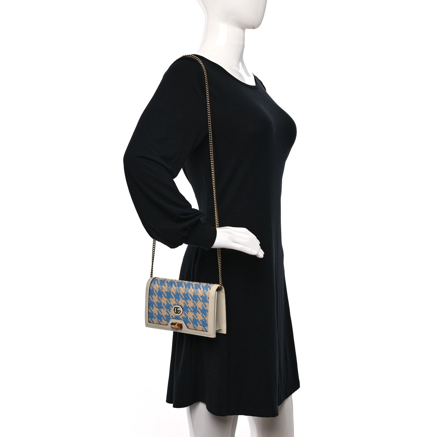 Polished Raffia Textured Dollar Calfskin Houndstooth Mini Diana Chain Bag Natural Light Blue Mystic White