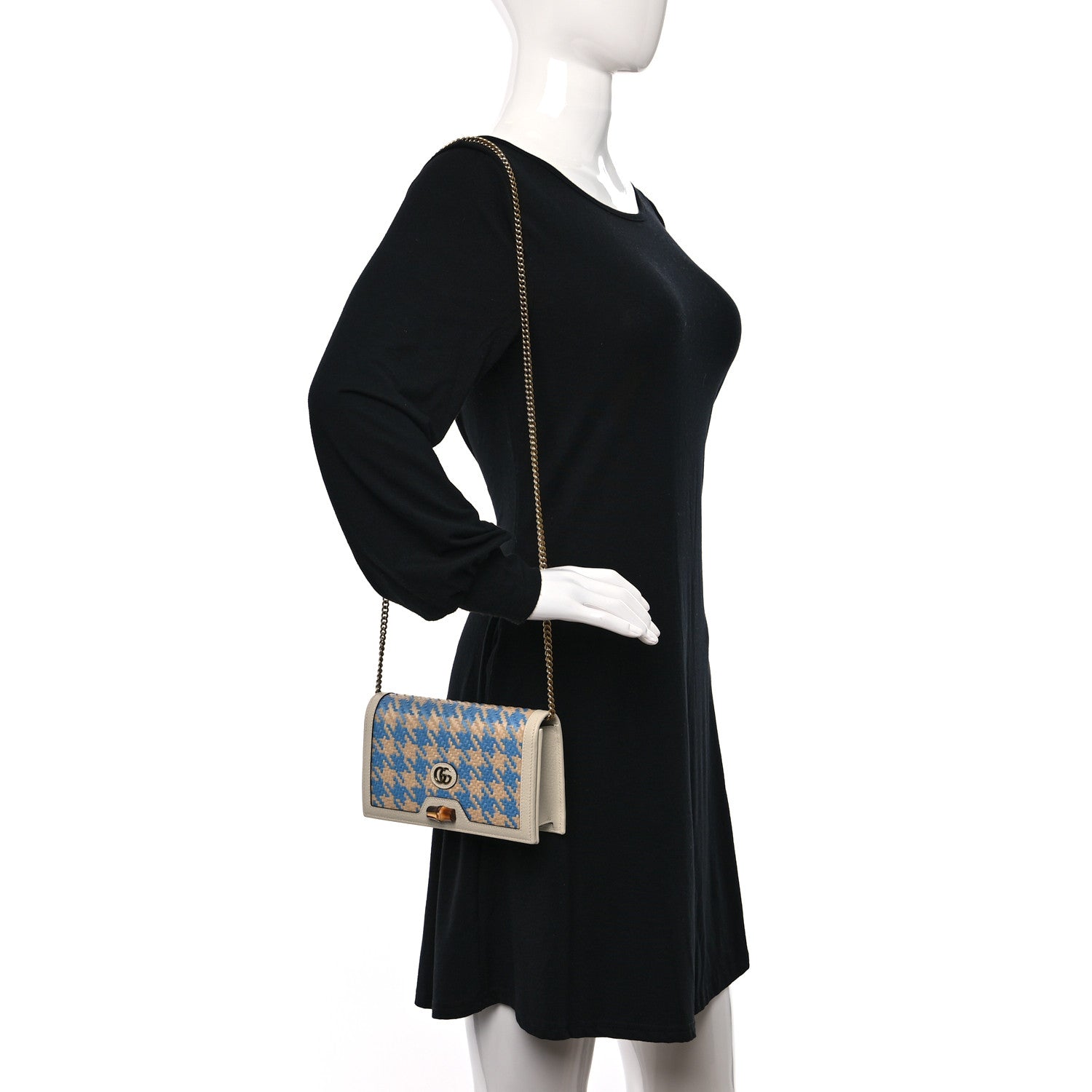 Gucci Polished Raffia Textured Dollar Calfskin Houndstooth Mini Diana Chain Bag Natural Light Blue Mystic White 2 of 10
