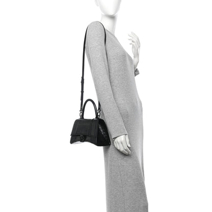 Balenciaga Semi Matte Calfskin Monochrome Crocodile Embossed Small Hourglass Top Handle Bag Black 2 of 9