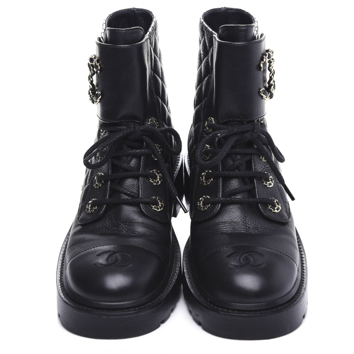 Shiny Goatskin Calfskin Quilted Lace Up Combat Boots 38 Black