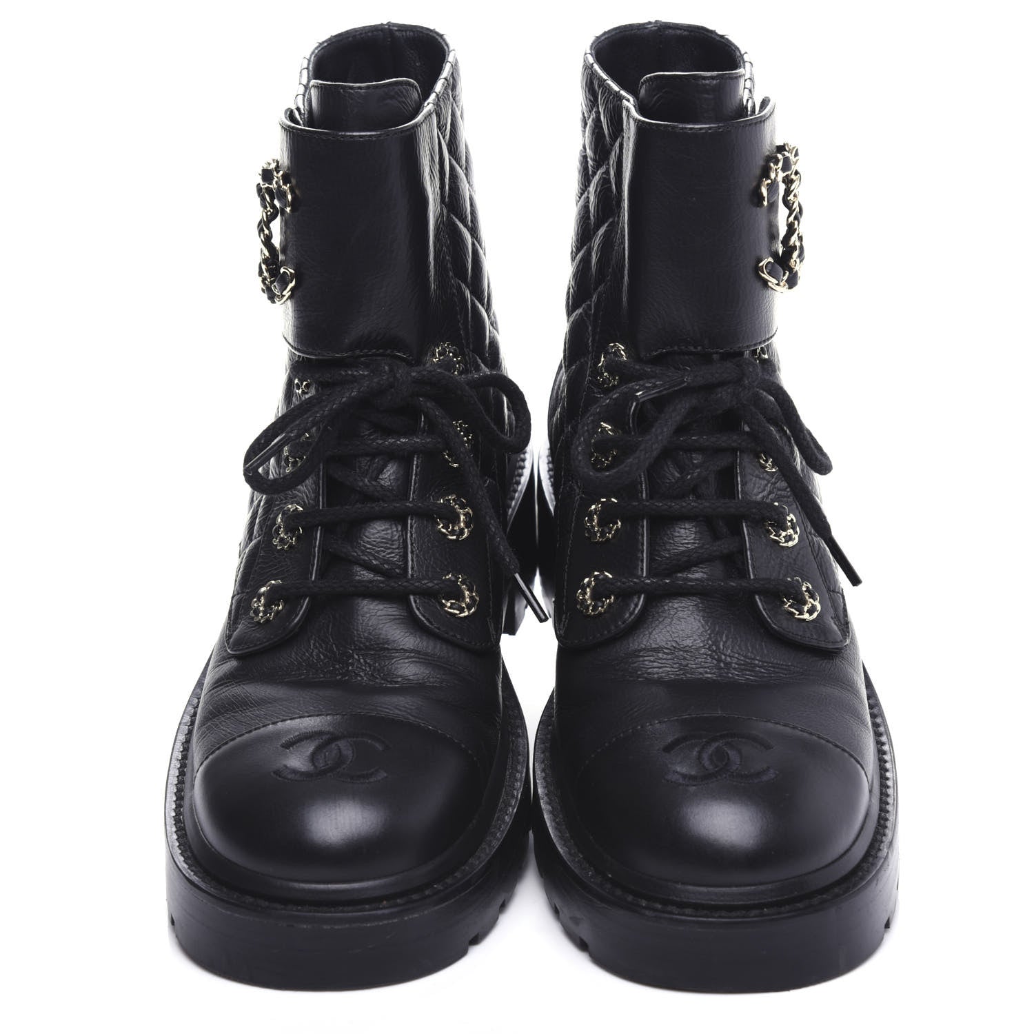 Chanel Shiny Goatskin Calfskin Quilted Lace Up Combat Boots 38 Black 5 of 10