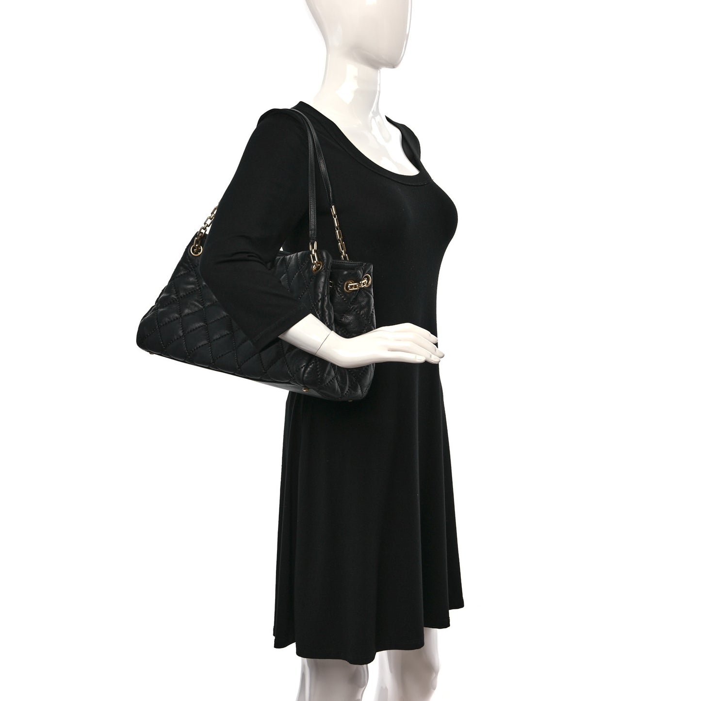Calfskin Stitched Large Retro Chain Tote Black