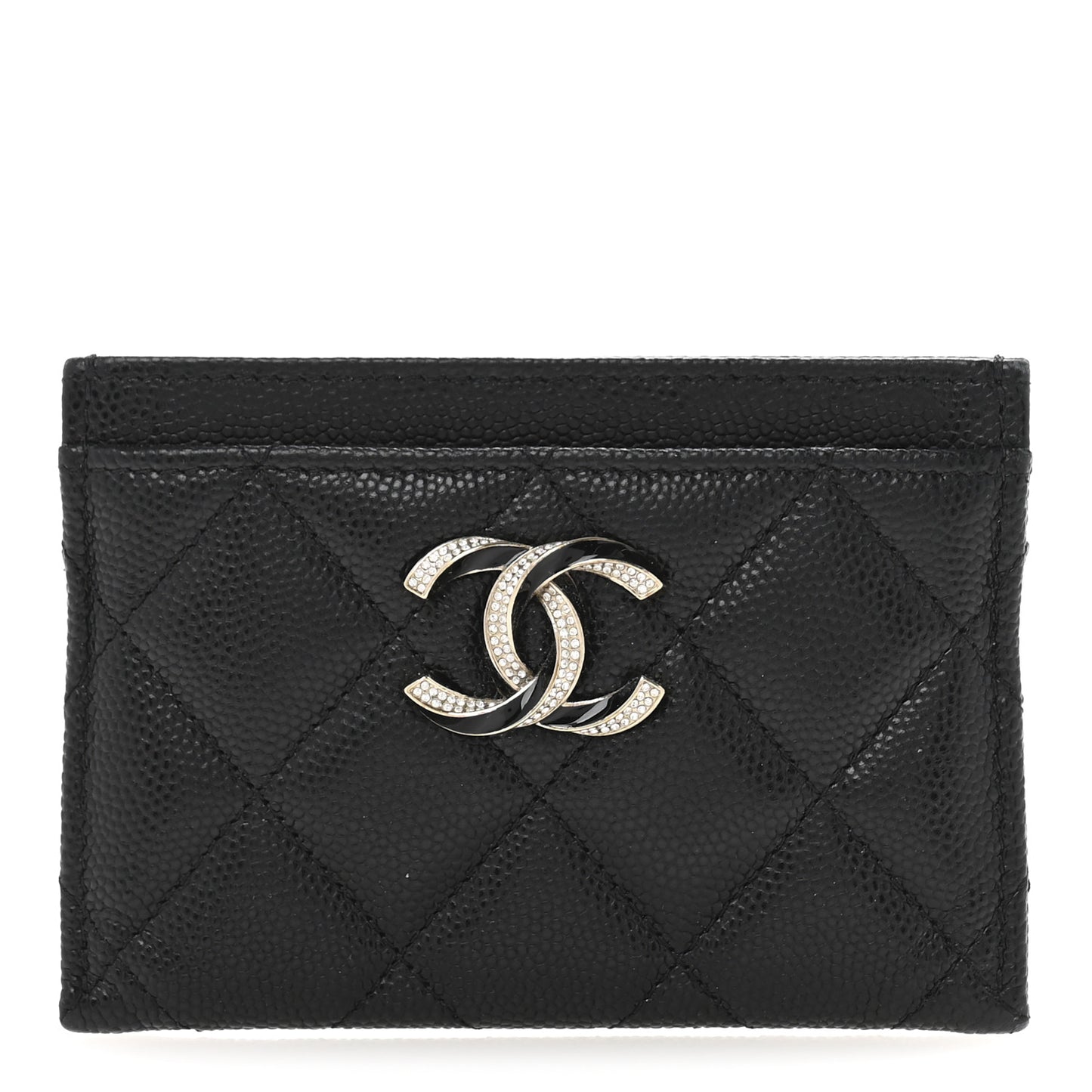 Caviar Quilted Crystal Enamel CC Card Holder Black