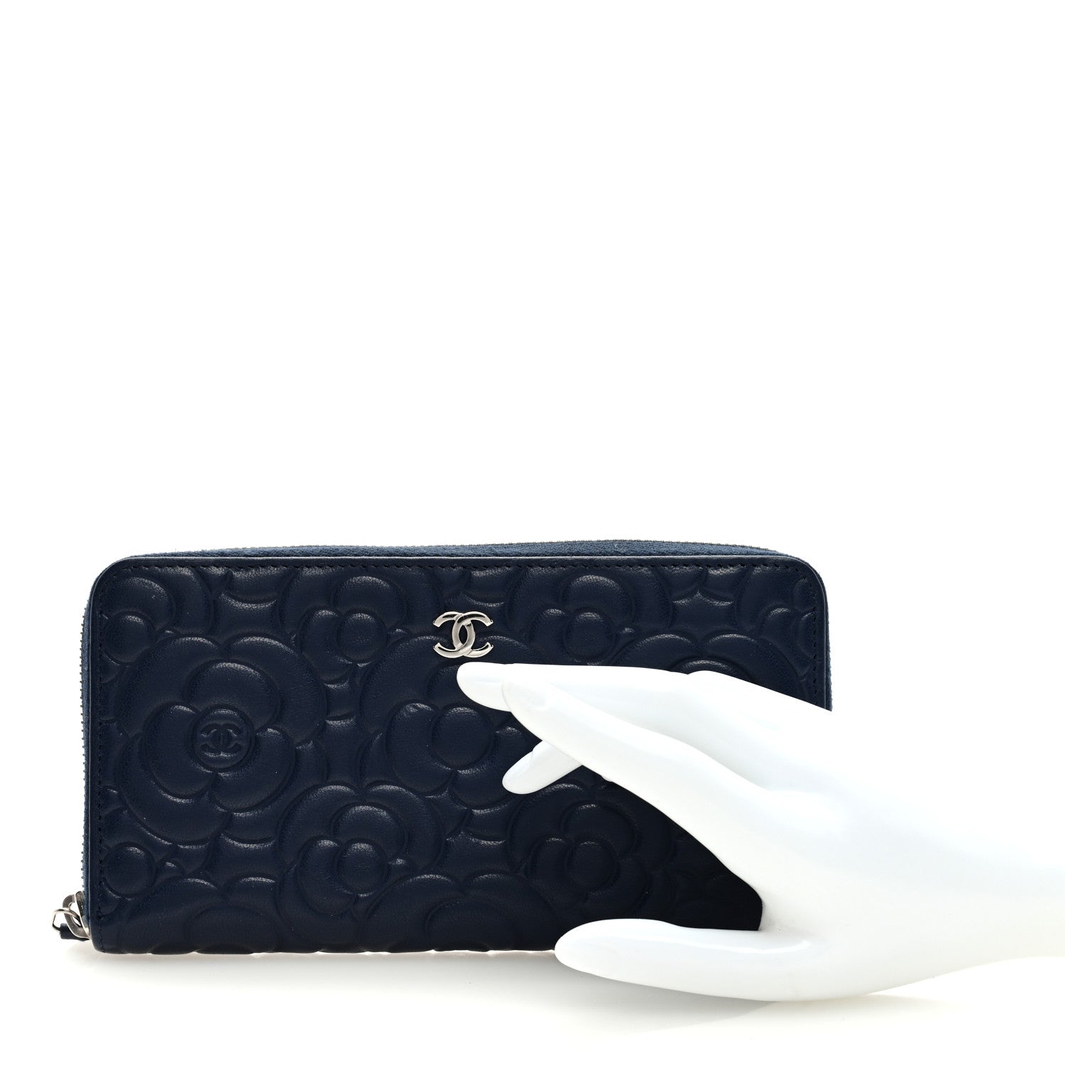 Chanel Camellia Embossed Large Zip Around Gusset Wallet Navy 2 of 7