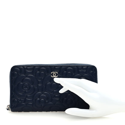 Chanel Camellia Embossed Large Zip Around Gusset Wallet Navy 2 of 7