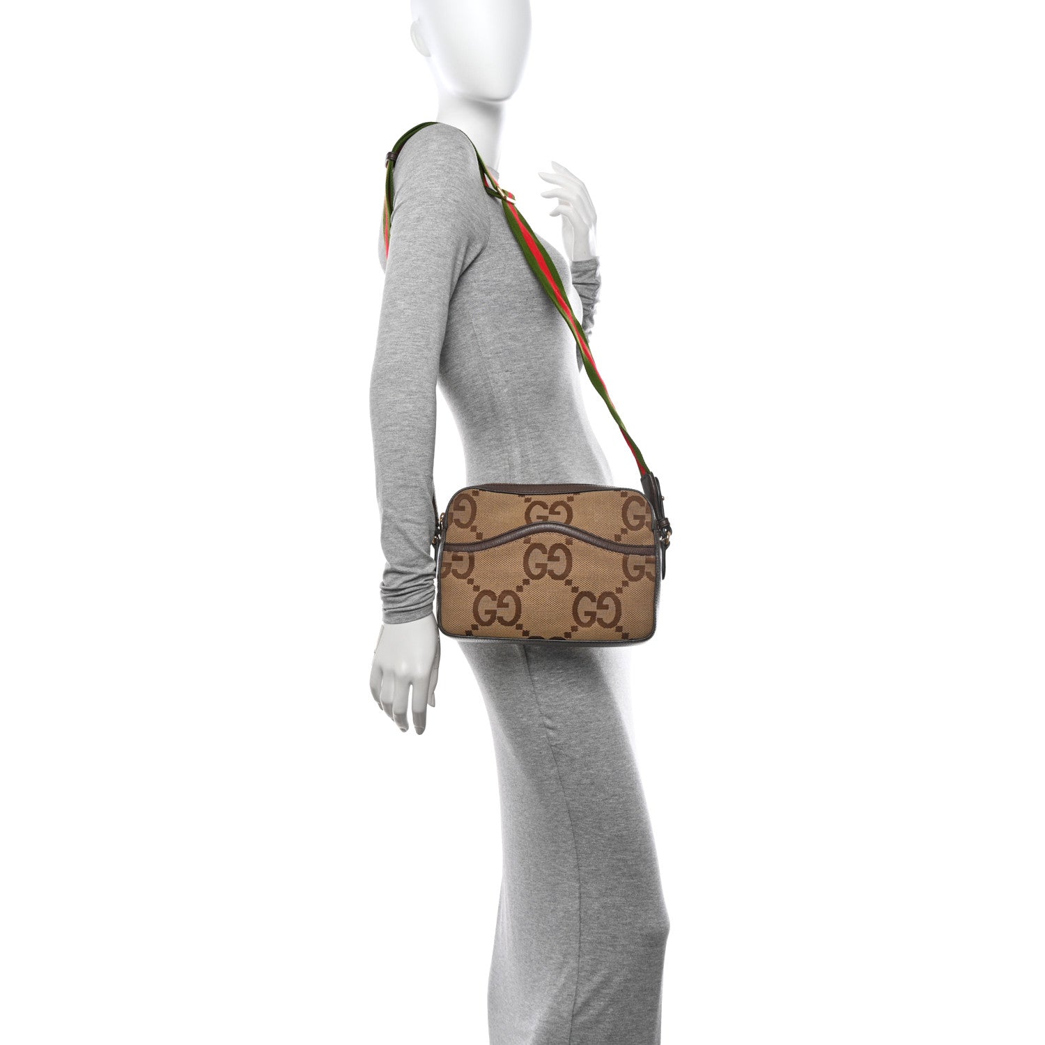 Gucci Monogram Jumbo GG Textured Dollar Calfskin Web Messenger Shoulder Bag Camel Ebony New Acero 2 of 10