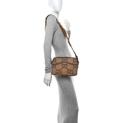 Gucci Monogram Jumbo GG Textured Dollar Calfskin Web Messenger Shoulder Bag Camel Ebony New Acero 2 of 10