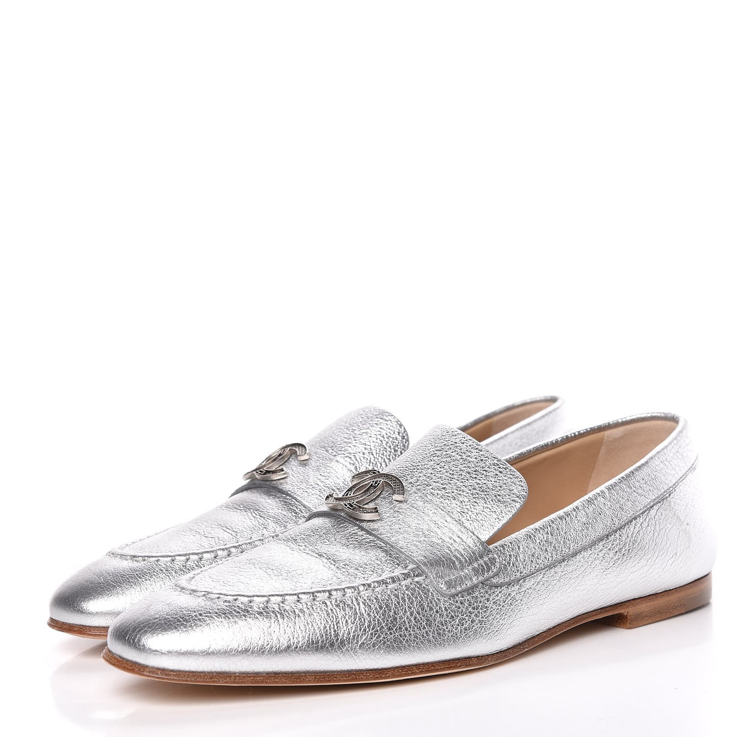 Crackled Goatskin Laminated CC Loafers 36.5 Silver