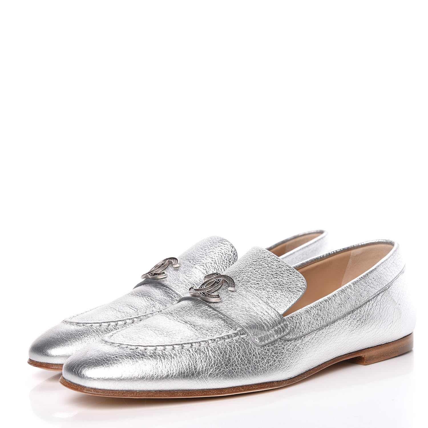 Chanel Crackled Goatskin Laminated CC Loafers 36.5 Silver 3 of 10