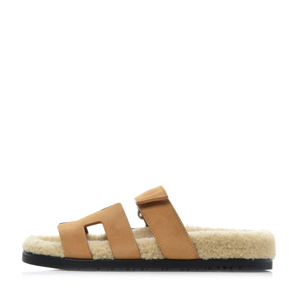 Hermes Suede Goatskin Woolskin Womens Chypre Sandals 37 Golden Beige 1 of 9