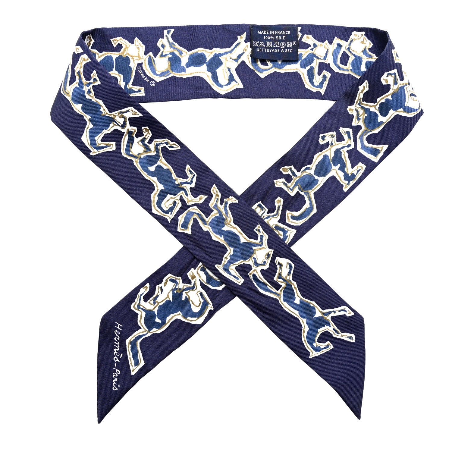 Hermes Silk Chevaux En Liberte Twilly Marine Indigo Blanc 1 of 5