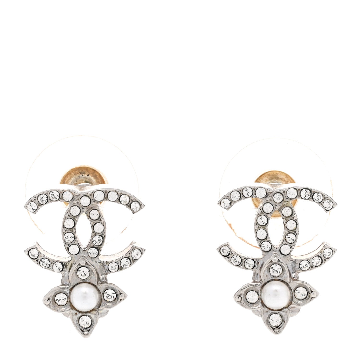 Chanel Crystal Pearl Flower CC Earrings Silver 1 of 6