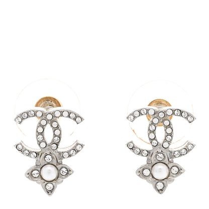Chanel Crystal Pearl Flower CC Earrings Silver 1 of 6